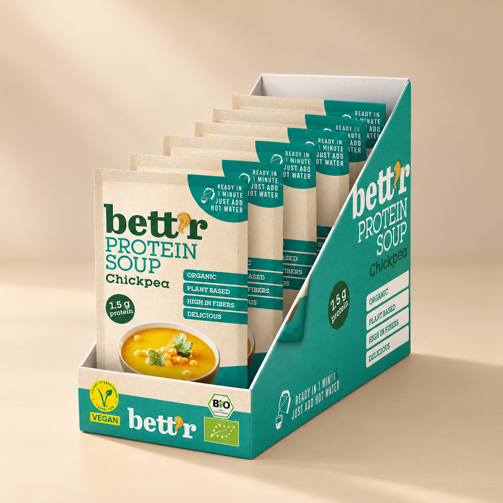Bett’r organic chickpea protein soup, case of 16 x 30g sachets
