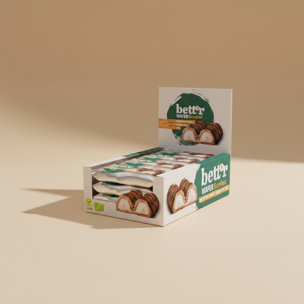 A display box of Better Wafer Hazelnut chocolate-coated wafer bars, showing multiple individually wrapped bars inside a white and green retail display carton.
