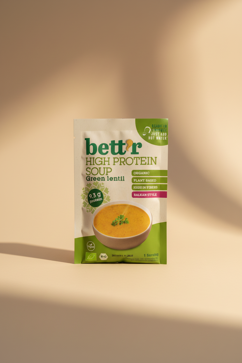 A package of better High Protein Soup Green lentil, featuring a white and green bag with a bowl of orange soup on the front, set against a dark wooden background.