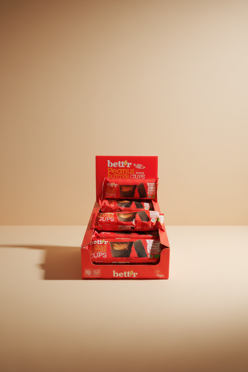 A retail display box filled with red packets of Better Peanut Butter Cups chocolate peanut butter cups, with the brand name 'bettor' clearly visible on the packaging.