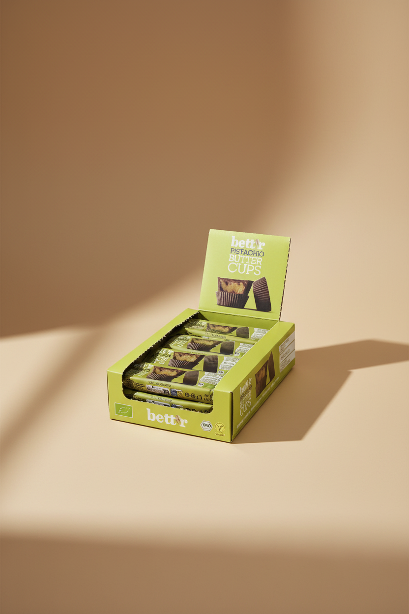 A display box of Bettr Pistachio Butter Cups, showing multiple individually wrapped chocolate-dipped cups inside a bright yellow-green box on a white background.