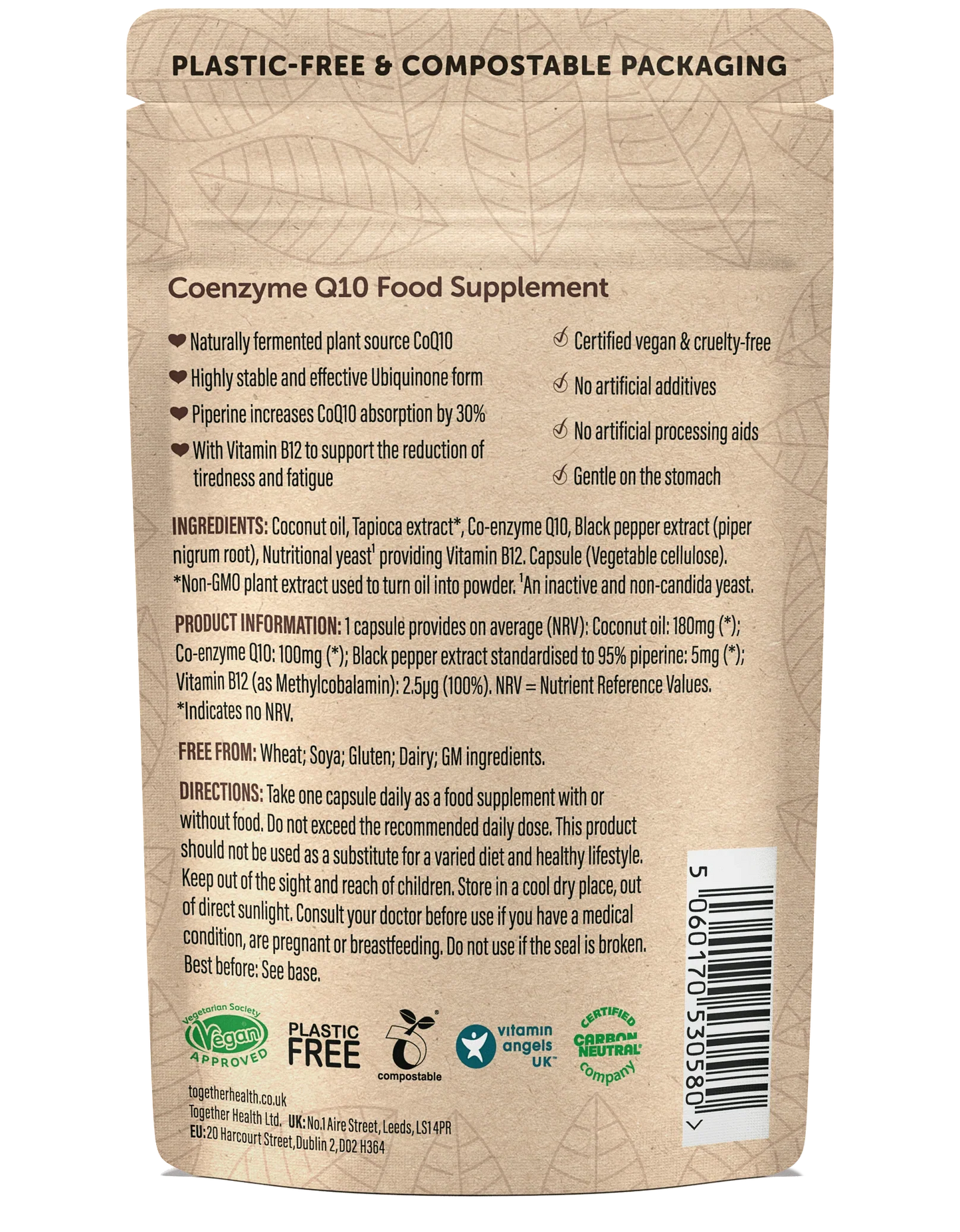 Key ingredients of Bio-CoQ10 Food Supplement, including CoQ10, coconut oil, and black pepper extract.