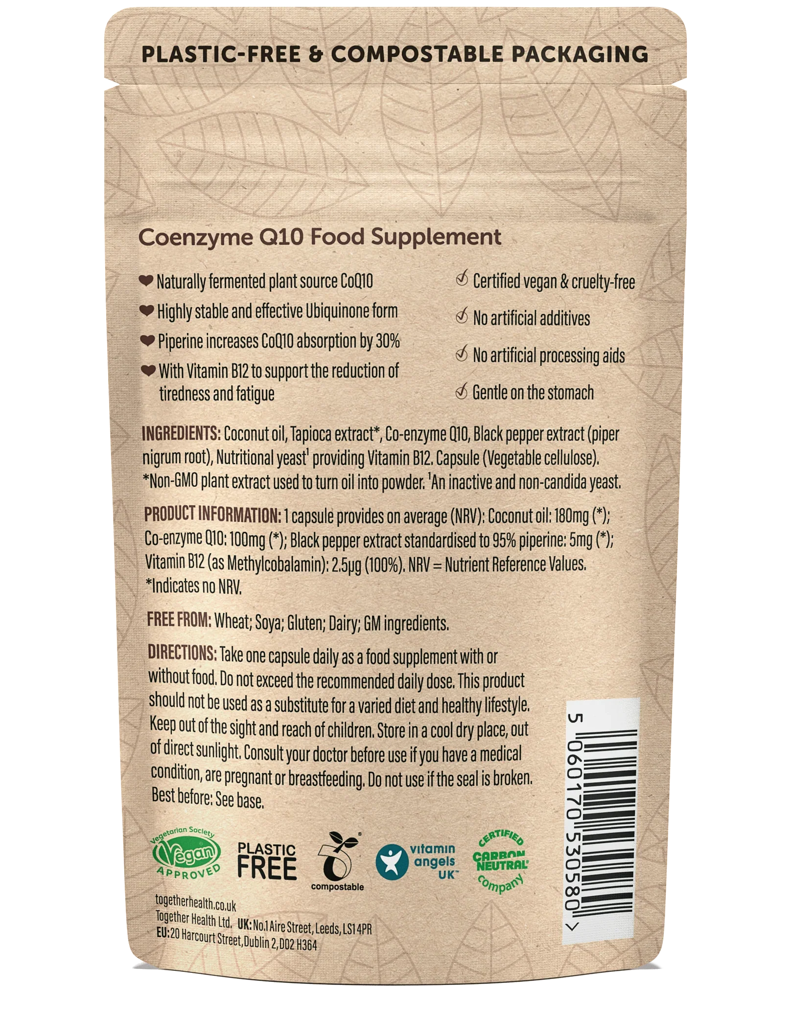 Key ingredients of Bio-CoQ10 Food Supplement, including CoQ10, coconut oil, and black pepper extract.