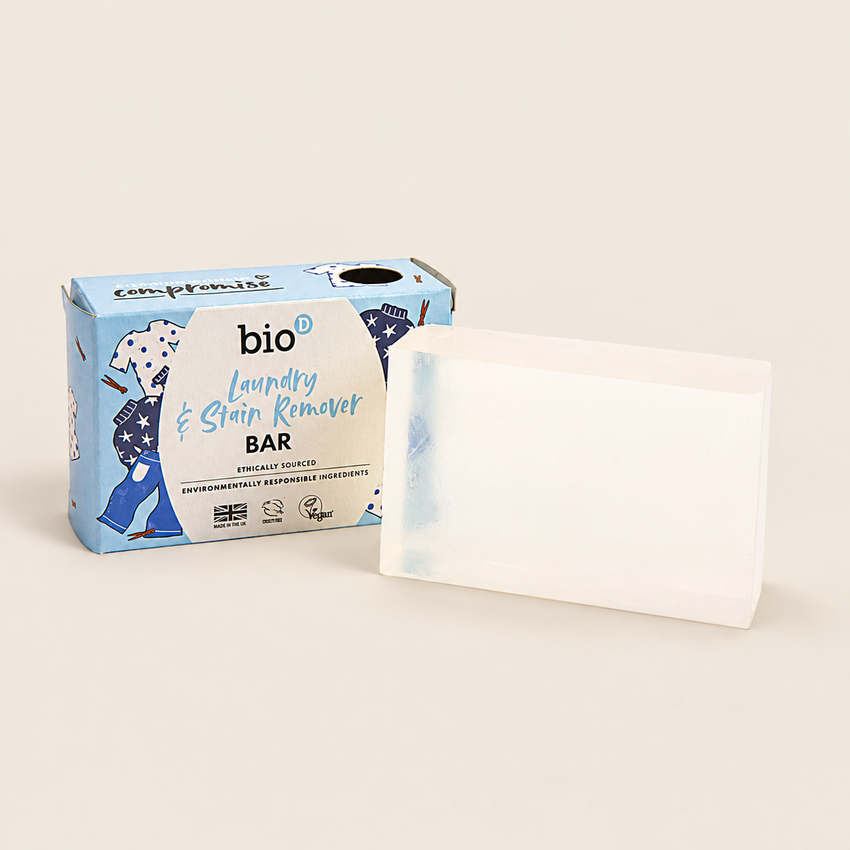 Bio-D Laundry & Stain Remover Bar – 90g on a warm beige background