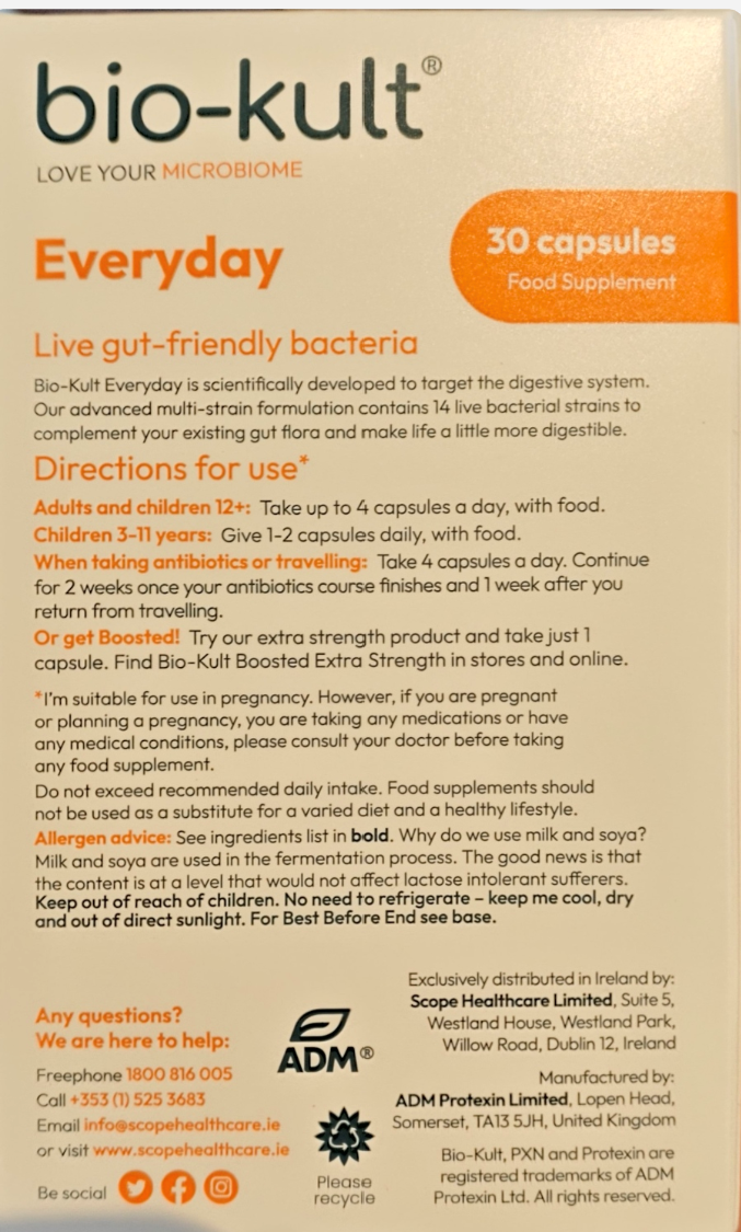 Bio-Kult Everyday supplement packaging with text and branding details.