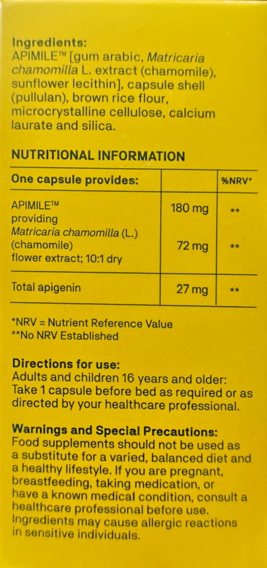 Nutritional information and ingredient list on a yellow background