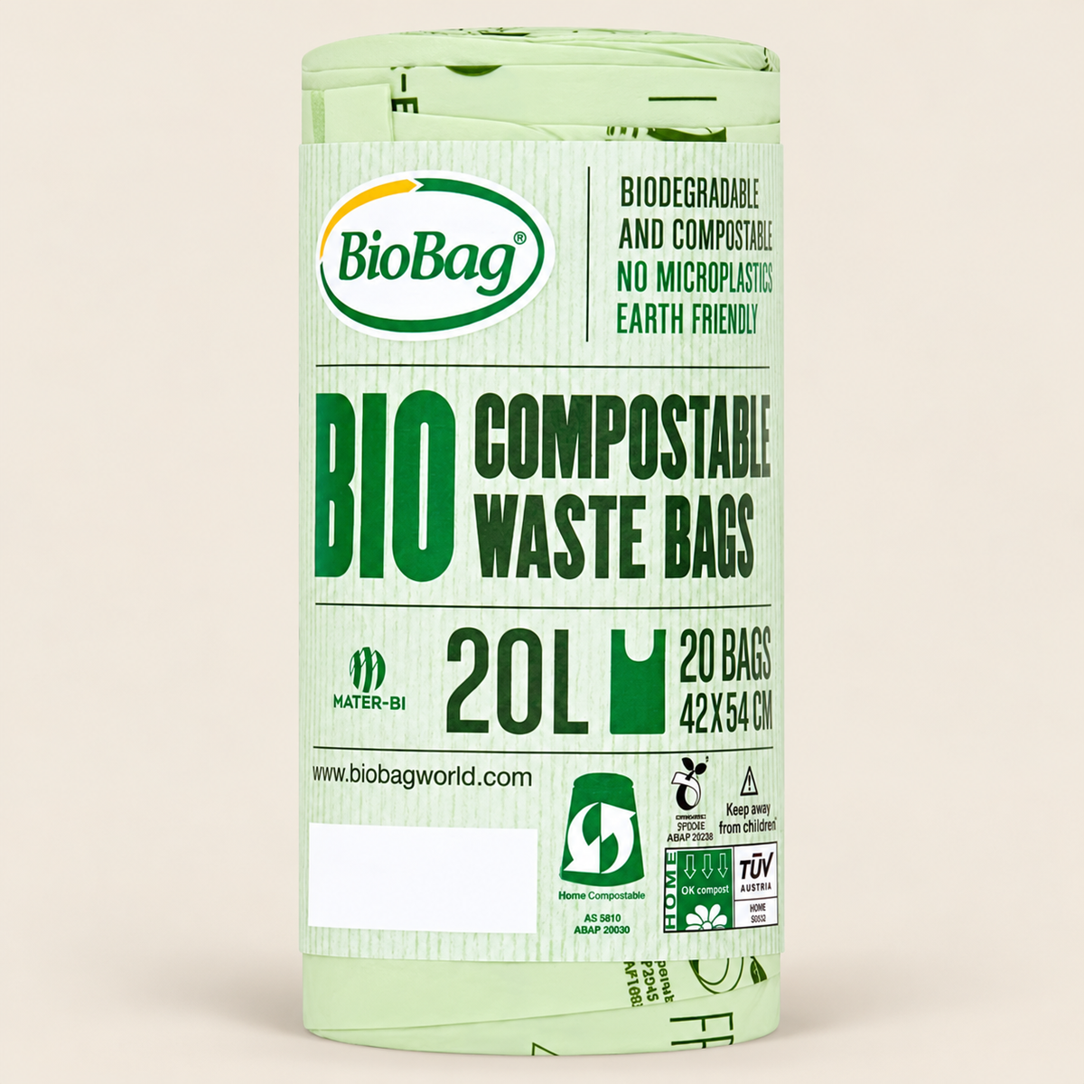 BioBag Compostable Waste Bags 20L – 20 Bags on a warm beige background