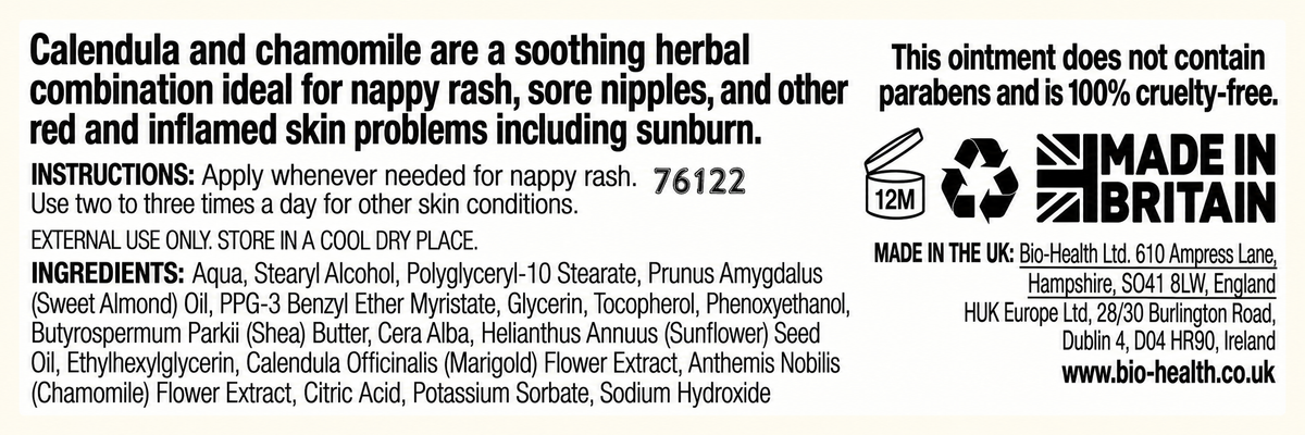 Biohealth Calendula and Chamomile Ointment 84g — complete ingredients, directions, storage and manufacturer label