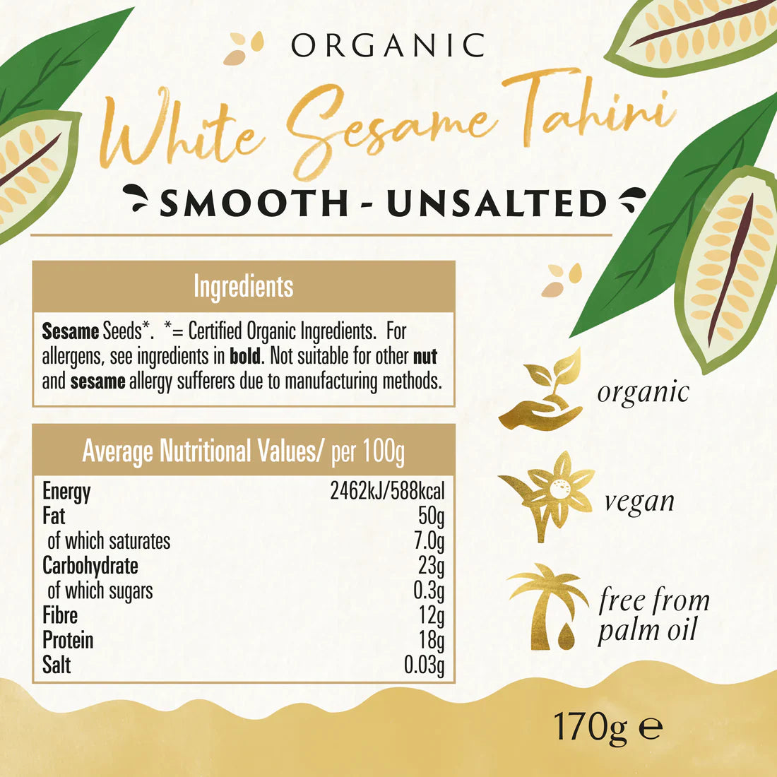 "Diagram showing the simple ingredients in Biona Tahini White No Salt Organic, made from hulled sesame seeds."