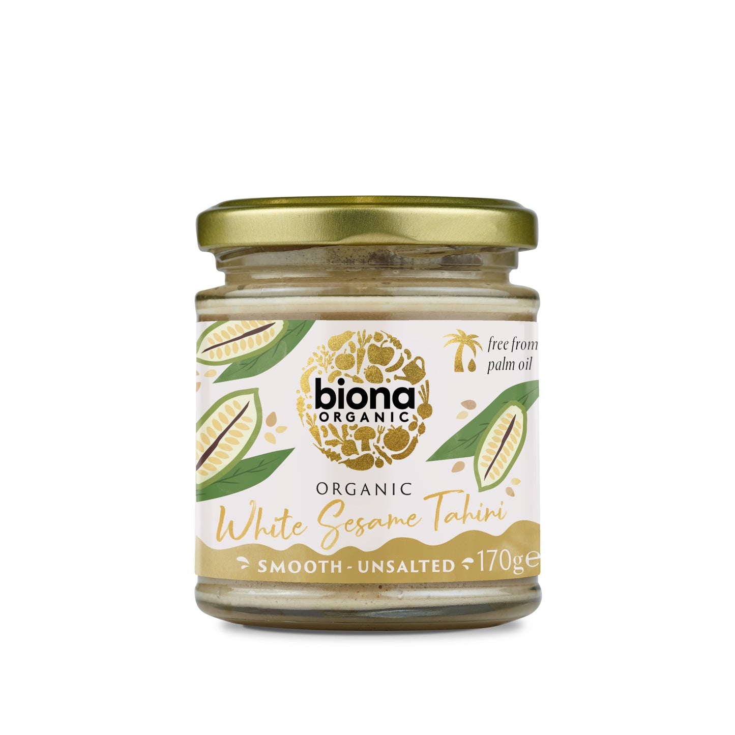"Front packaging of Biona Tahini White No Salt Organic, 170g jar."