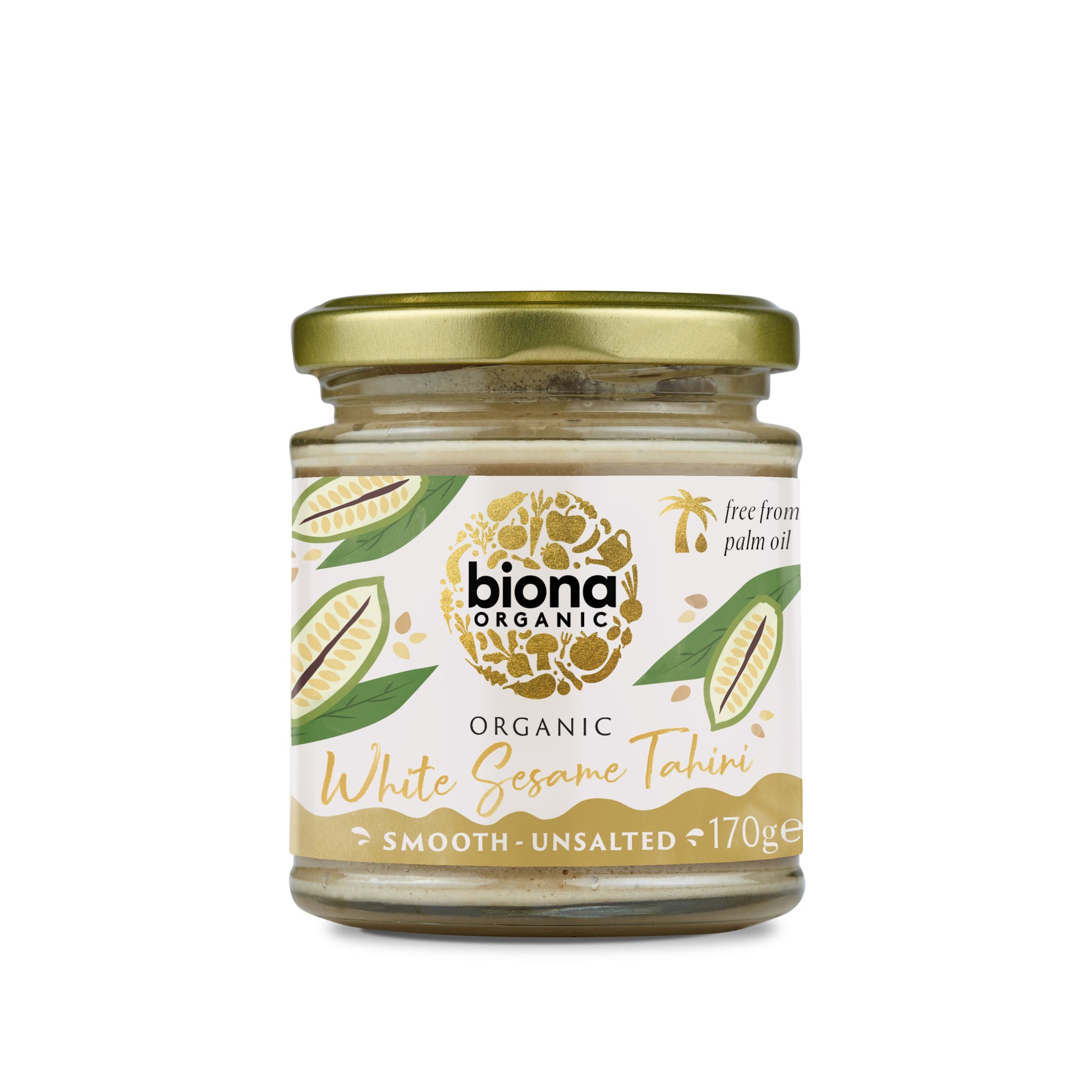 "Front packaging of Biona Tahini White No Salt Organic, 170g jar."