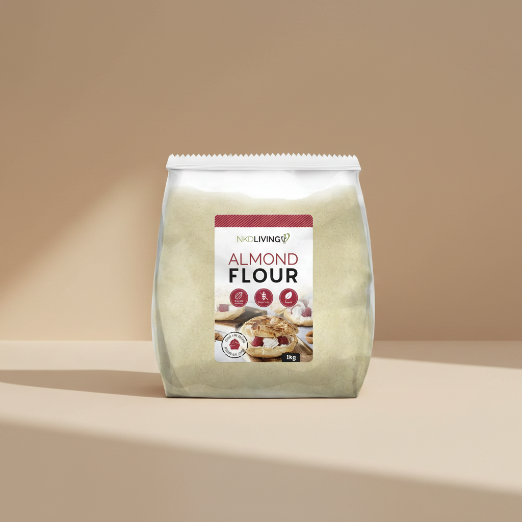 Bag of almond flour with NKD Living label on a white background