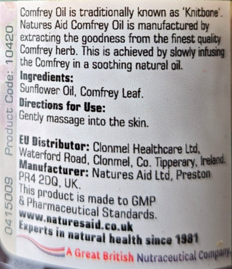 Natures Aid Comfrey Oil label with product details and branding information.