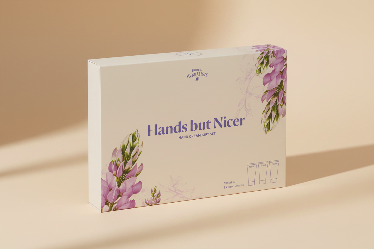 A boxed hand cream gift set from Dublin Herbalists named 'Hands but Nicer', featuring a cream-colored box decorated with purple wisteria flowers and three small cream tubes outlined on the front.