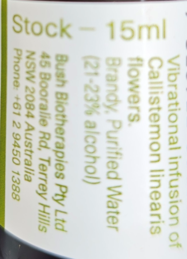 Product label with text about a vibrational infusion of Calistemon linearis flowers, including details about ingredients and contact information.