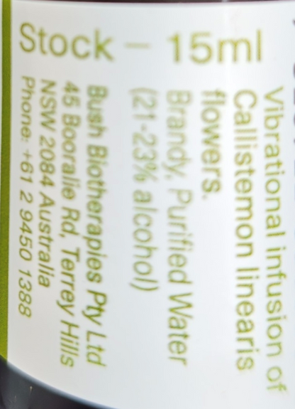 Product label with text about a vibrational infusion of Calistemon linearis flowers, including details about ingredients and contact information.