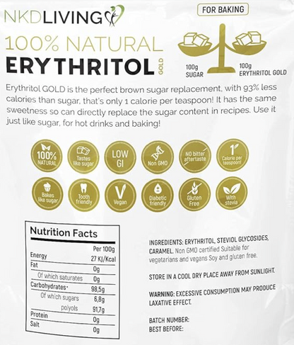 Erythritol product packaging with nutritional information and benefits listed.