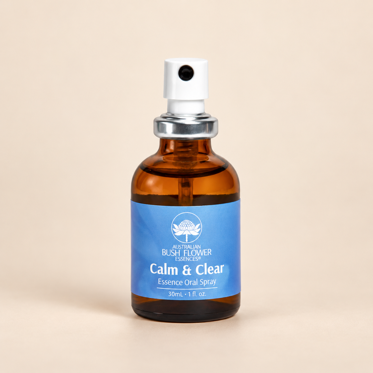 Australian Bush Flower calm clear oral spray on a warm beige background