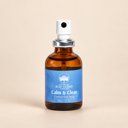 Australian Bush Flower calm clear oral spray on a warm beige background