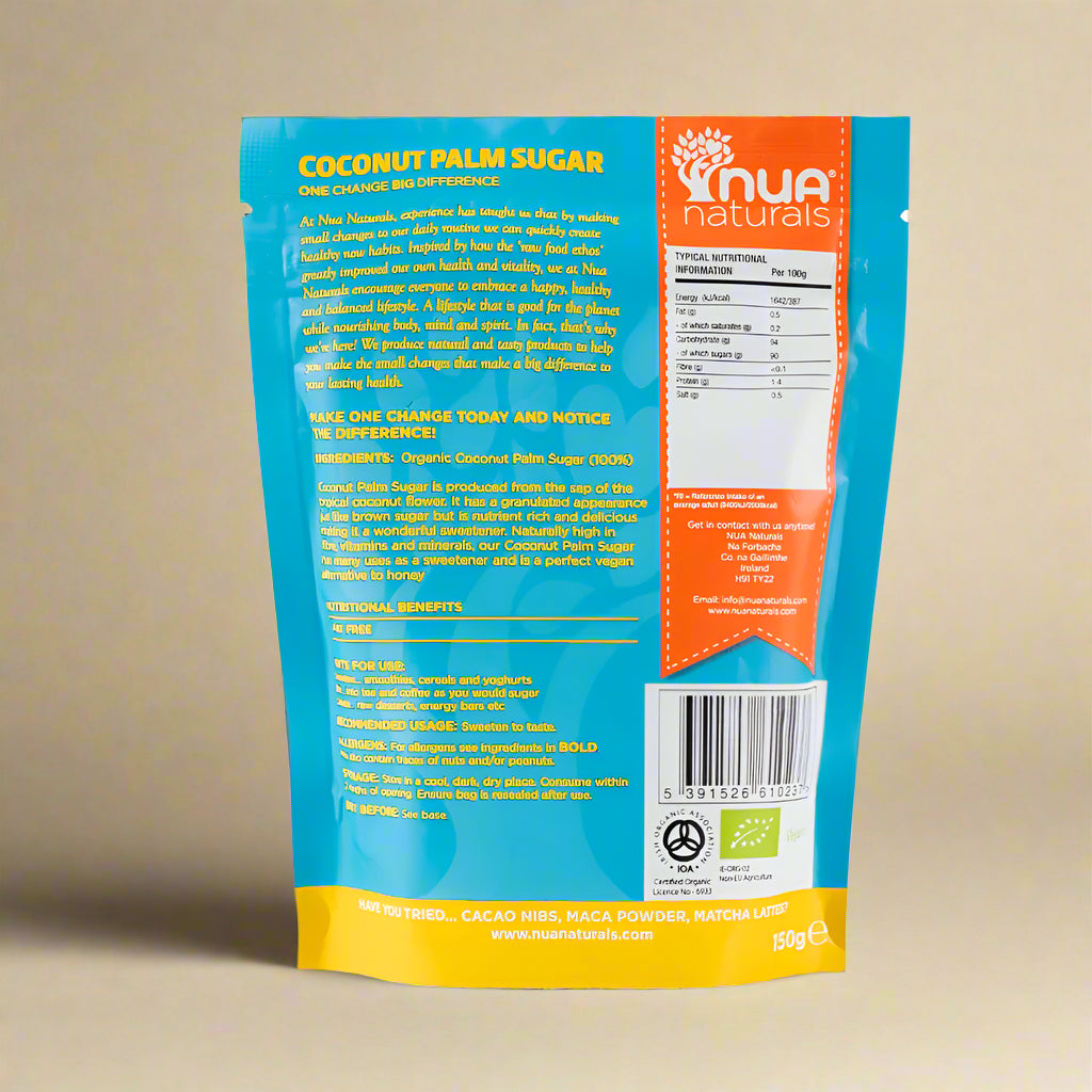 Nua Naturals coconut palm sugar package with blue and orange design on a white background
