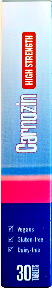 Front packaging of Carnozin High Strength tablets, showing a blue gradient box with a red banner and white text, indicating 30 tablets and listing vegan, gluten-free, and dairy-free features.