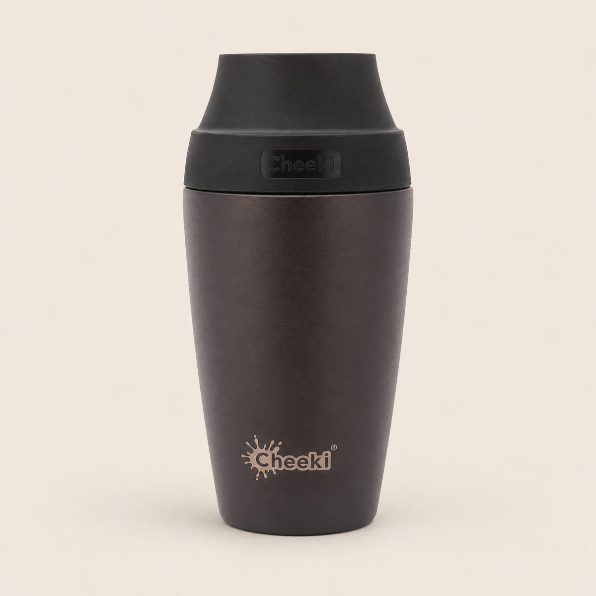 Cheeki Insulated Coffee Mug – Chocolate 350ml on a warm beige background