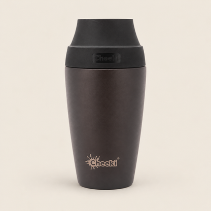 Cheeki Insulated Coffee Mug – Chocolate 350ml on a warm beige background