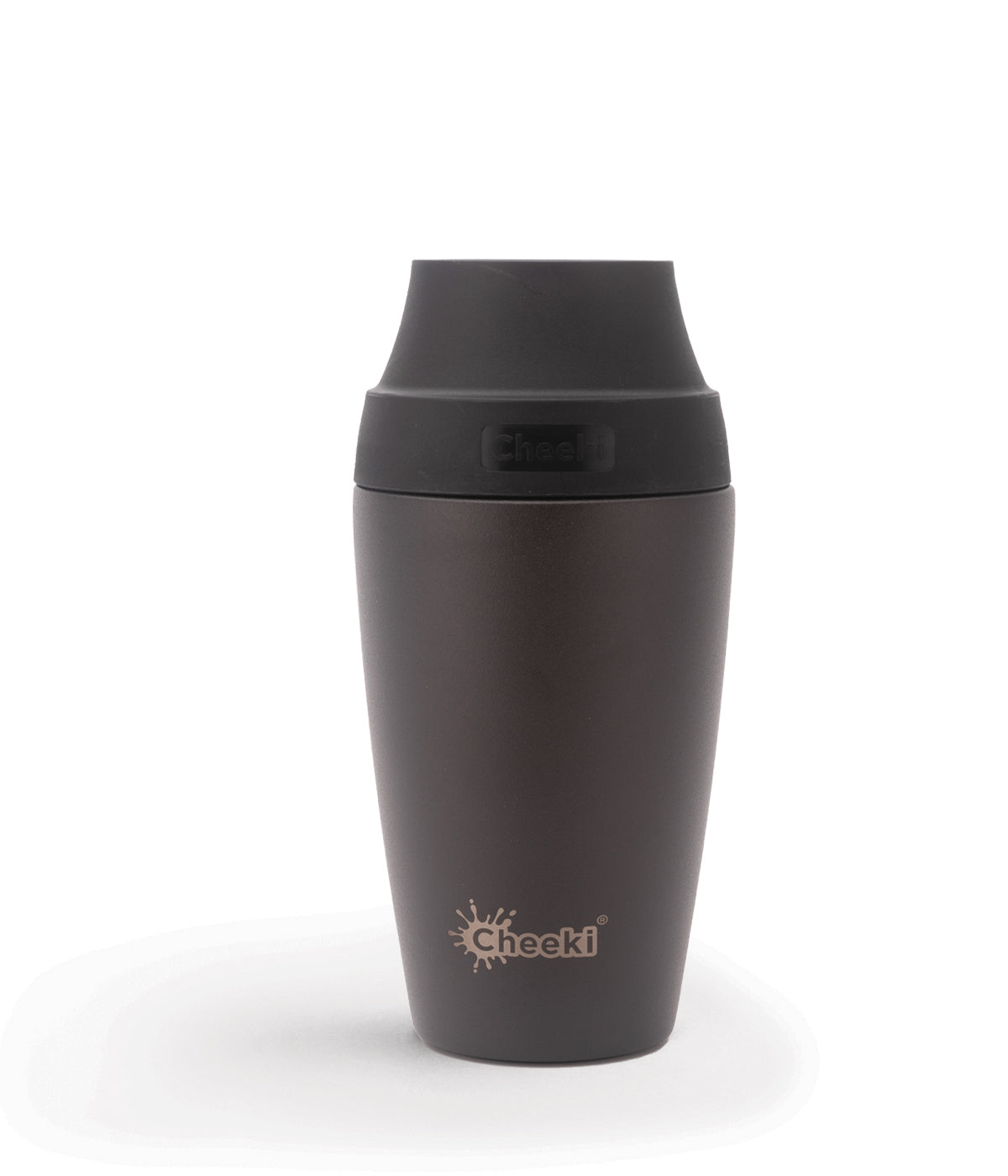 Cheeki Insulated Coffee Mug – Chocolate 350ml showing the product and lid
