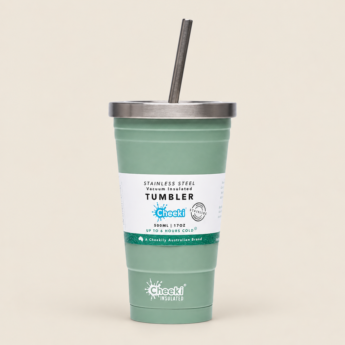 Cheeki Insulated Tumbler with Straw – Pistachio 500ml on a warm beige background