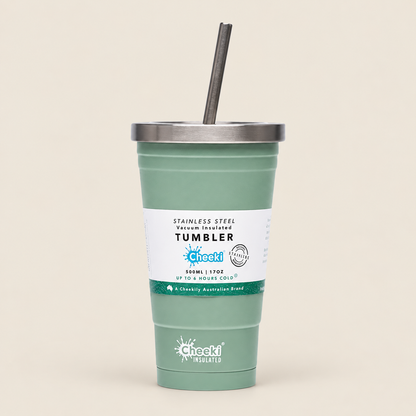 Cheeki Insulated Tumbler with Straw – Pistachio 500ml on a warm beige background
