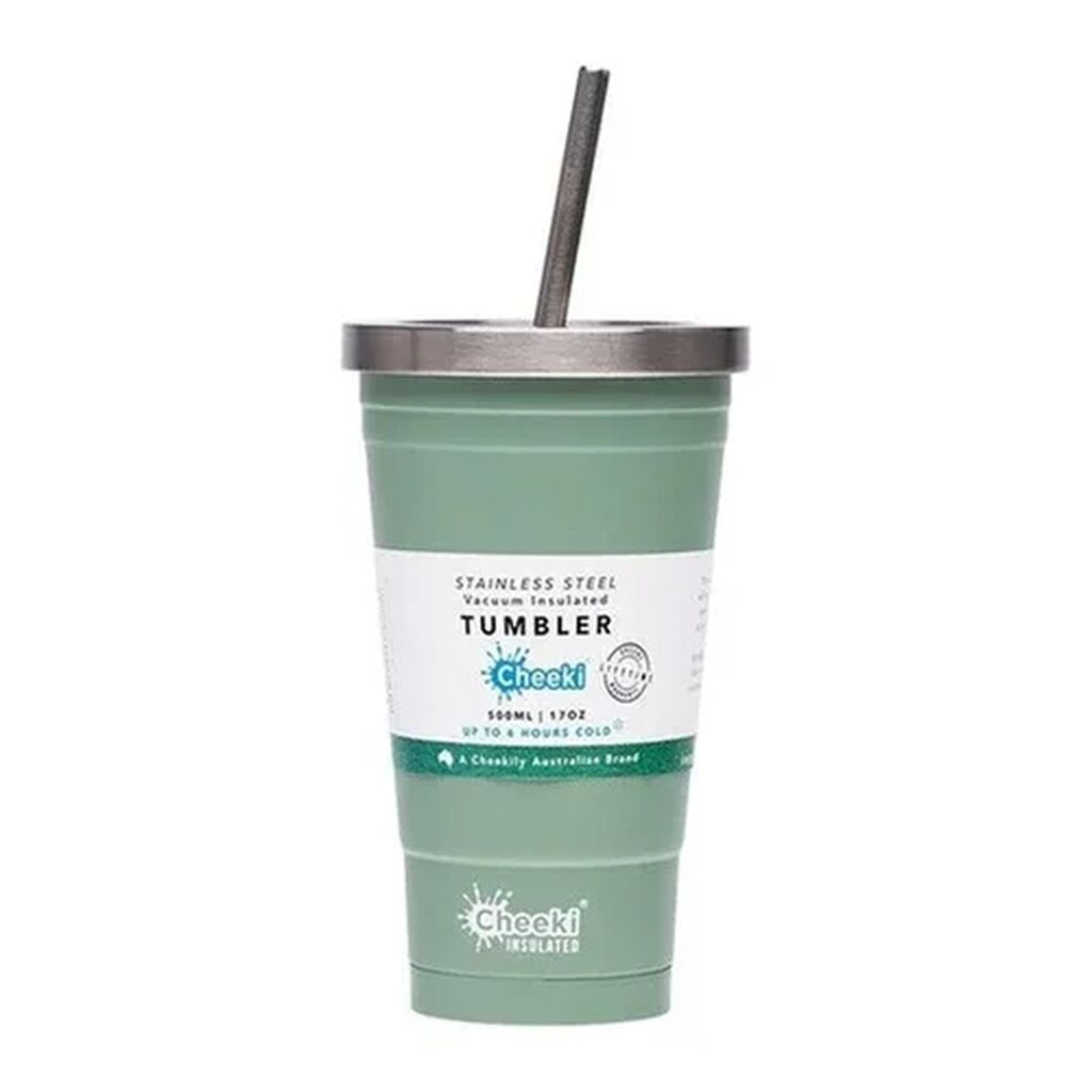 Cheeki Insulated Tumbler with Straw – Pistachio 500ml showing the product and lid