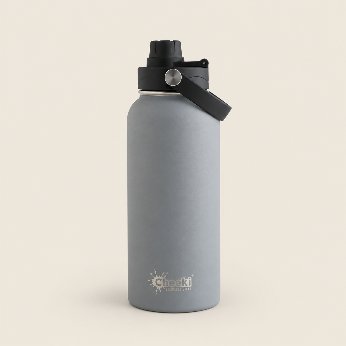 Cheeki Adventure Insulated Water Bottle – Slate 1L on a warm beige background