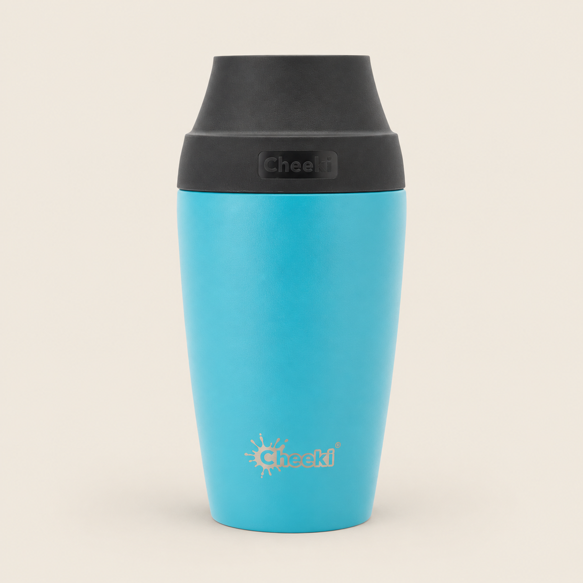 Cheeki Insulated Coffee Mug – Aqua 350ml on a warm beige background