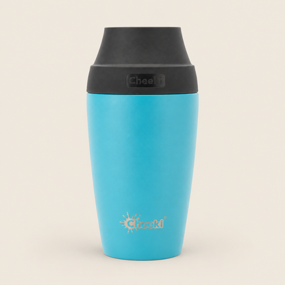Cheeki Insulated Coffee Mug – Aqua 350ml on a warm beige background