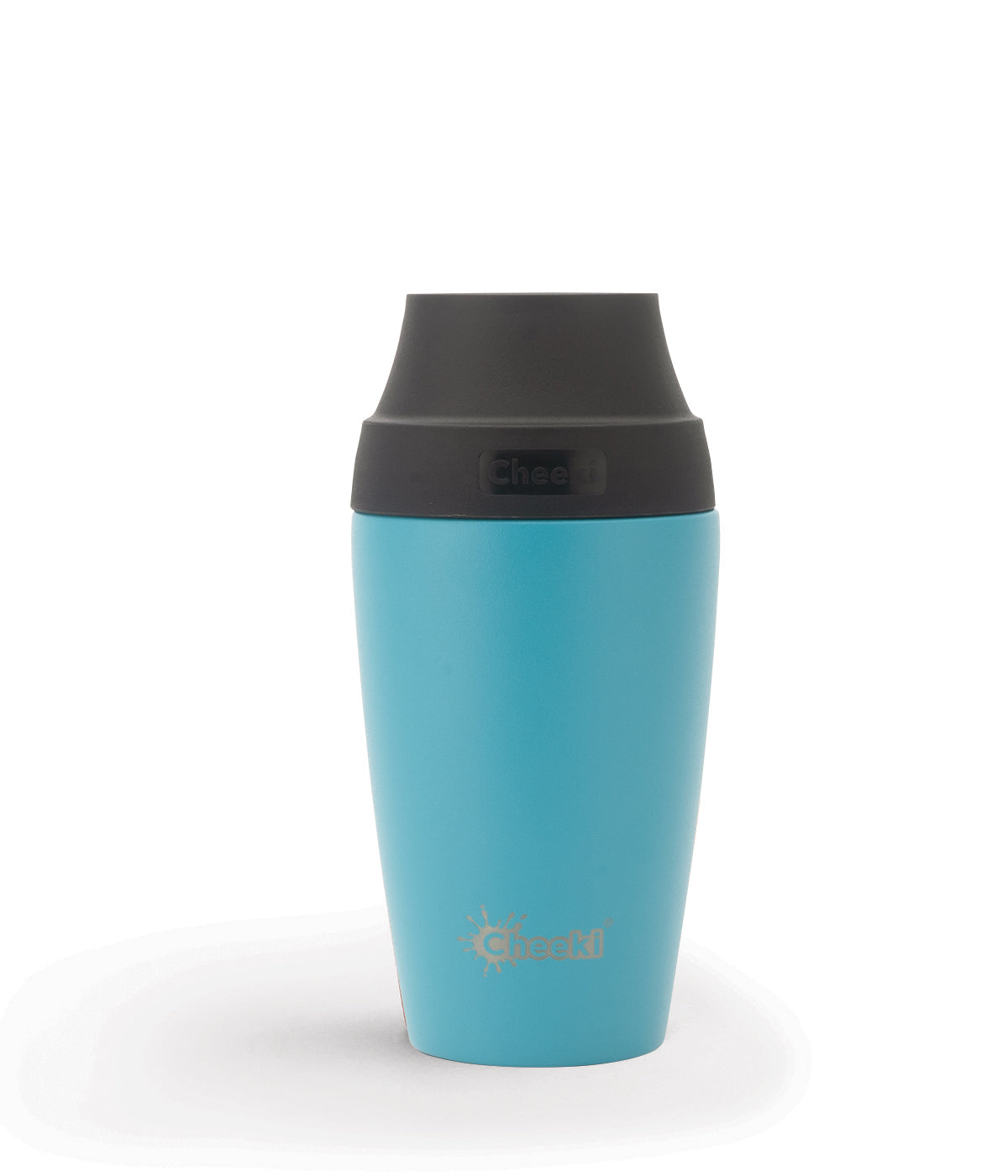 Cheeki Insulated Coffee Mug – Aqua 350ml showing the product and lid