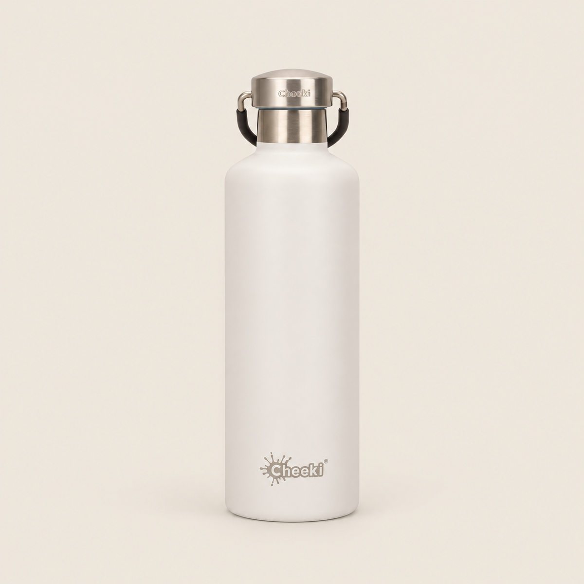 Cheeki Classic Insulated Water Bottle – White 600ml on a warm beige background