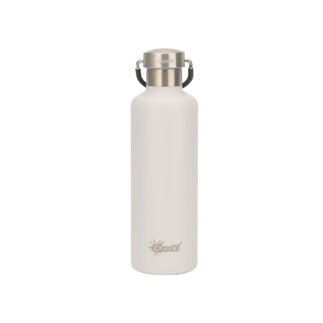 Cheeki Classic Insulated Water Bottle – White 600ml showing the product and lid