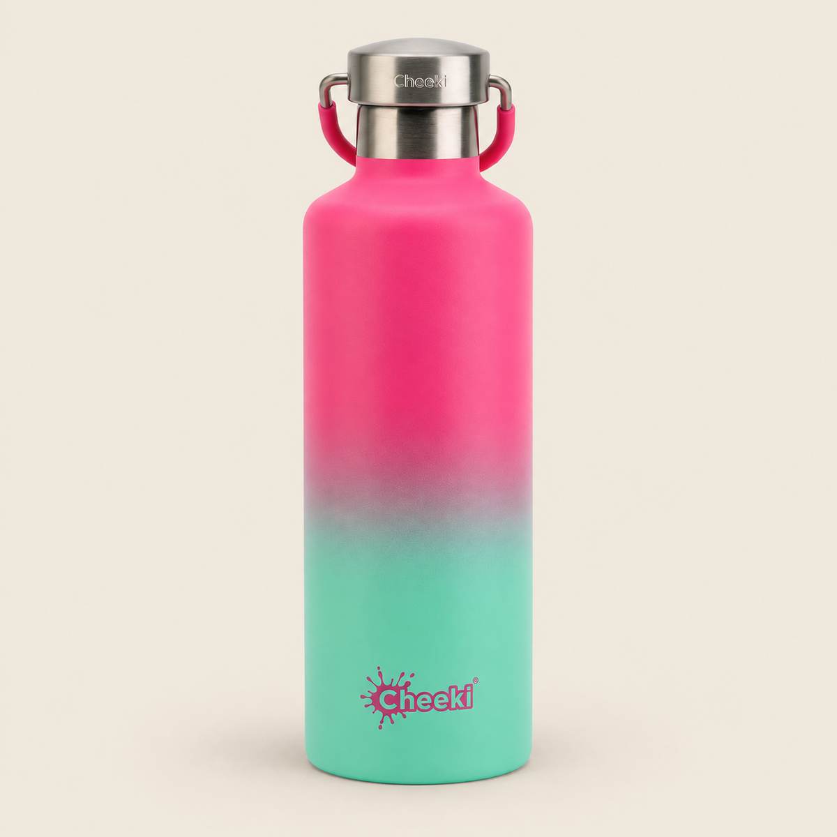 Cheeki Classic Insulated Water Bottle – Watermelon 600ml on a warm beige background