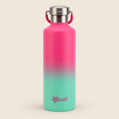 Cheeki Classic Insulated Water Bottle – Watermelon 600ml on a warm beige background