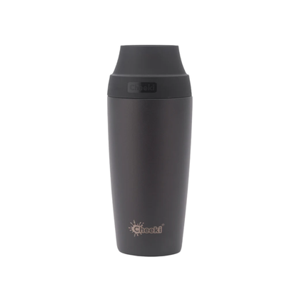 Cheeki Insulated Coffee Mug – Chocolate 450ml showing the product and lid