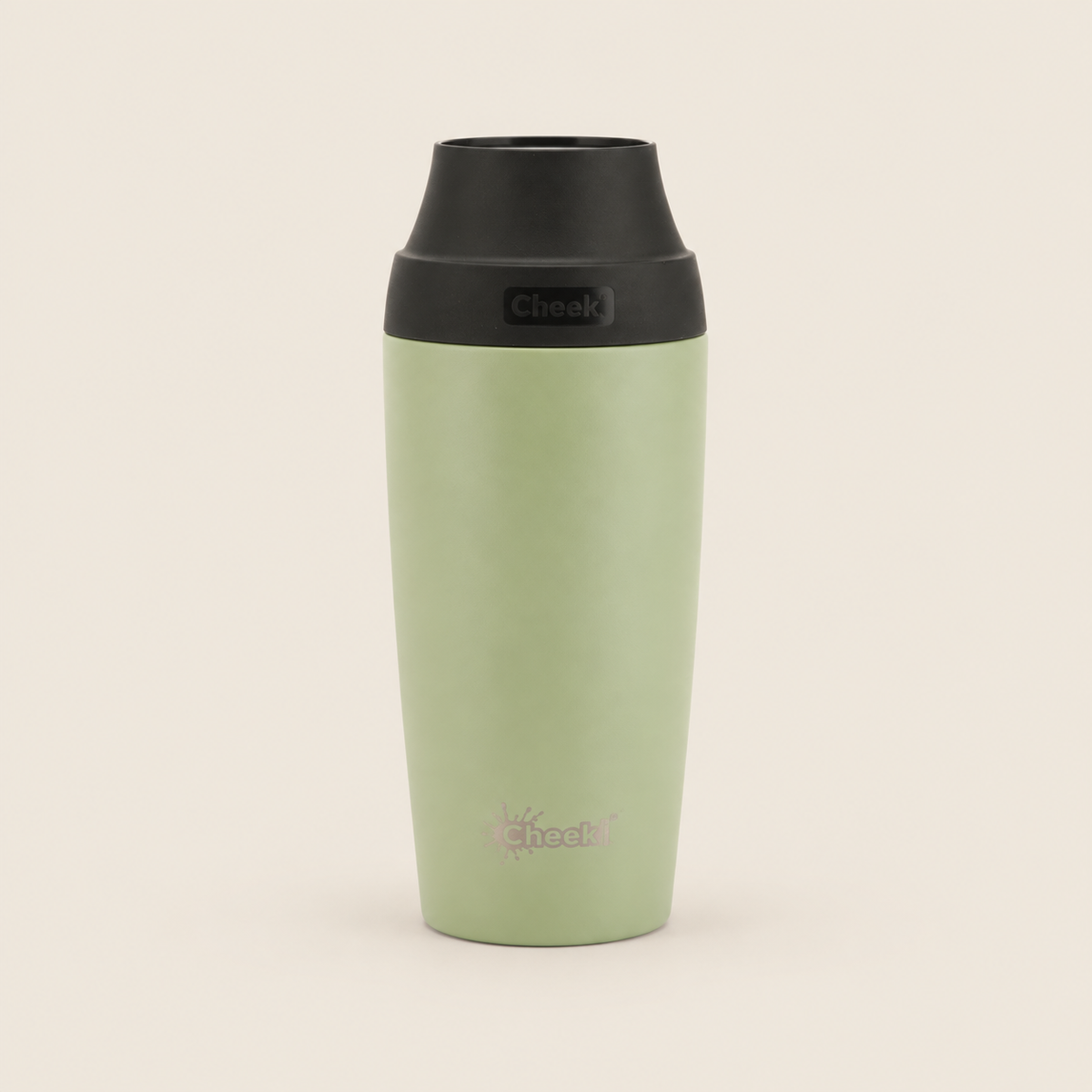 Cheeki Insulated Coffee Mug – Evergreen 450ml on a warm beige background