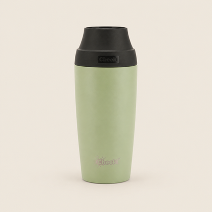 Cheeki Insulated Coffee Mug – Evergreen 450ml on a warm beige background
