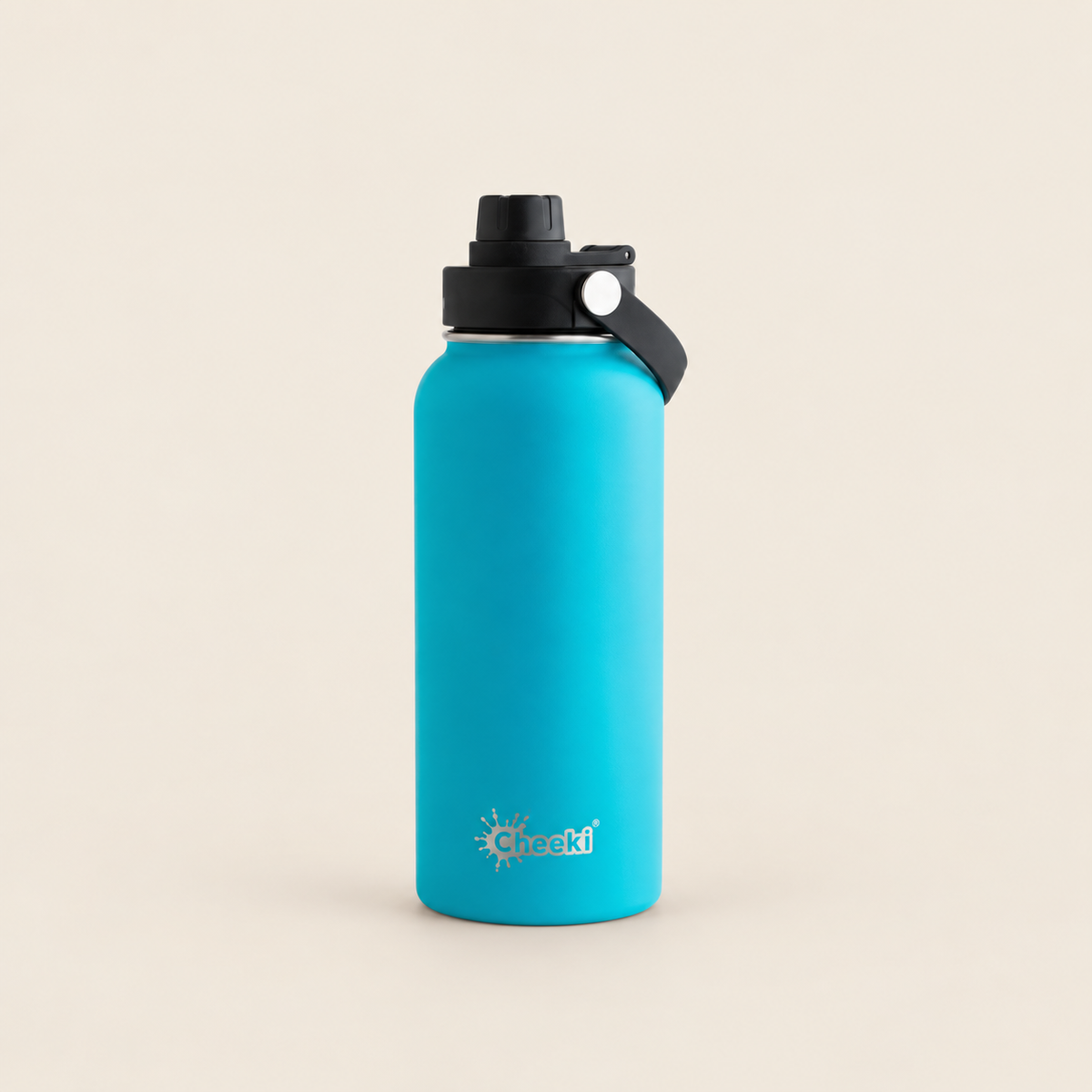 Cheeki Adventure Insulated Water Bottle – Aqua 1L on a warm beige background