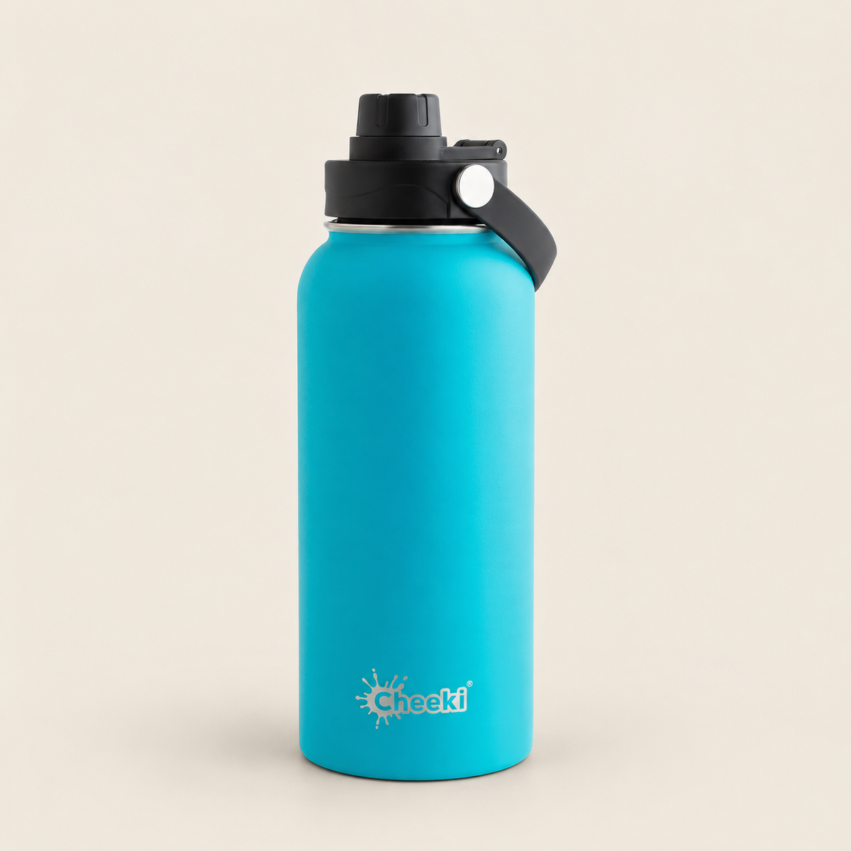 Cheeki Adventure Insulated Water Bottle – Aqua 600ml on a warm beige background