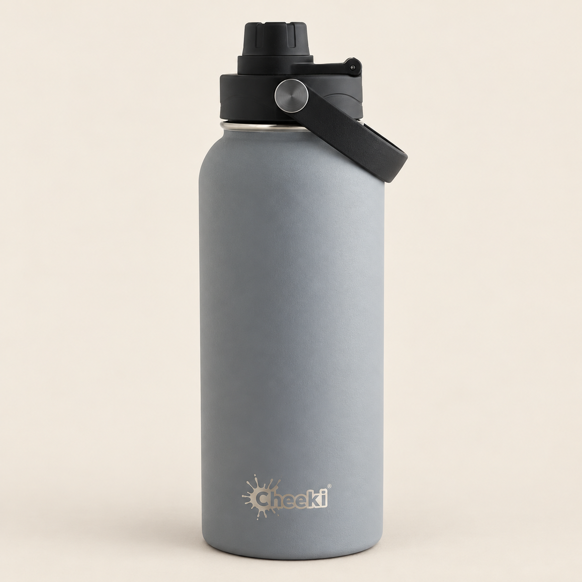 Cheeki Adventure Insulated Water Bottle – Slate 600ml on a warm beige background