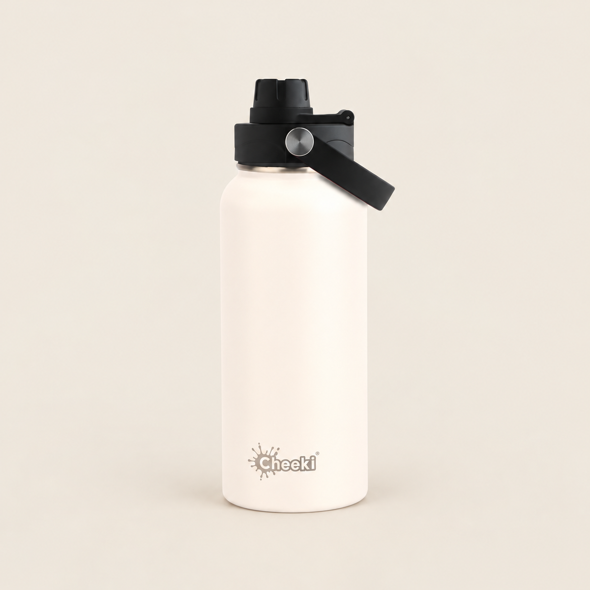 Cheeki Adventure Insulated Water Bottle – White 1L on a warm beige background