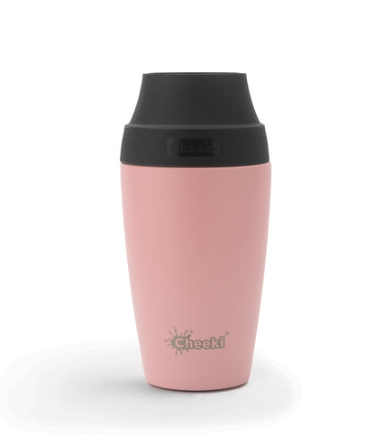 Cheeki Pink Insulated Coffee Mug 350ml with black pop-up lid