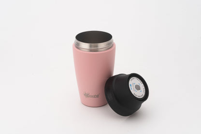 Cheeki Pink Insulated Coffee Mug 350ml showing the open lid