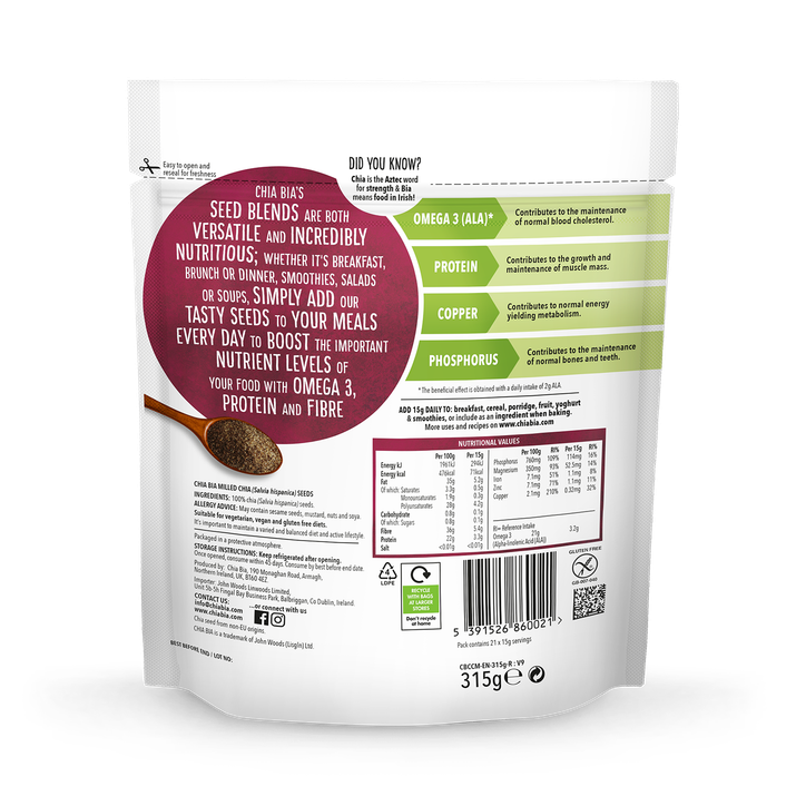 Chia Bia Milled Chia Seed 315g back pack information