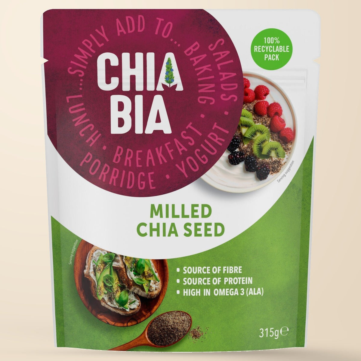 Chia Bia Milled Chia Seed 315g front pouch